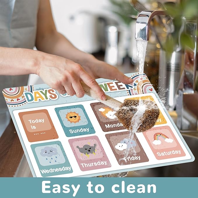 Educational Preschool Kids Placemats Set of 6 Boho Toddler Montessori Plastic Table Mats Non Slip Reusable Kids Place Mats Washable Table Decoration for Indoor Outdoor Party Kitchen Dining-Ruum Studio Home