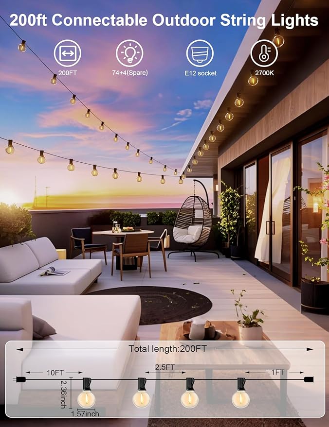 RTTY Outdoor String Lights 200 FT Globe LED Patio Lights with G40 Plastic Bulbs,Waterproof Shatterproof Dimmable Connectable Hanging for Backyard Porch Balcony Party Cafe Deck Decor-Ruum Studio Home