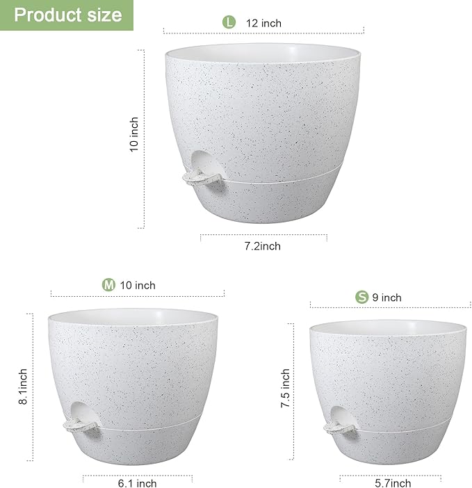 12/10/9 inch Large Self Watering Pots, Plant Pots with Mesh Drainage Holes for Indoor Outdoor Garden Plants, Flower Pots with Deep Reservoir, Set of 3 Plastic Planters, Specked White-Ruum Studio Home