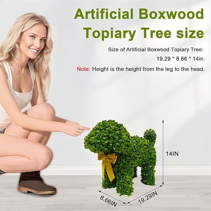 2 Pcs Artificial Bunny Shaped Topiary Trees, Artificial Green Boxwood Bunny Decorations with Gold Bow, Perfect for Indoor & Outdoor Front Porch, Easter& Garden Decor (Boxwood Dog Tree)-Ruum Studio Home