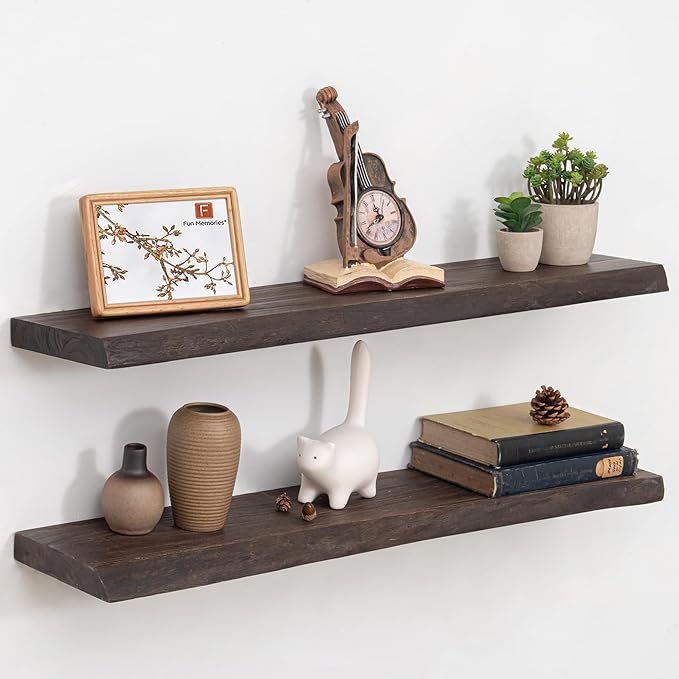 Fun Memories Solid Elm Wood Floating Shelves, 36 Inch Floating Shelves for Wall, Wall-Mounted Live Edge Wooden Shelves with Invisible Heavy-Duty Brackets for Books, Bathroom, Kitchen, Walnut Finish-Ruum Studio Home
