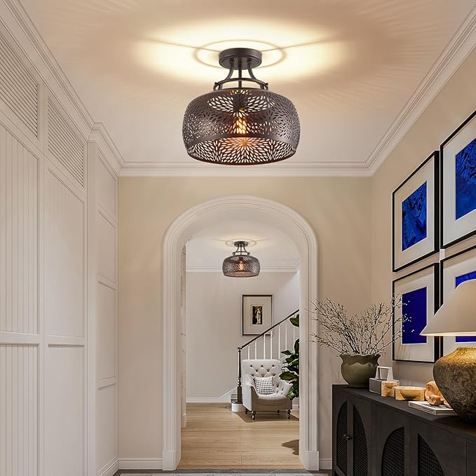 WUZUPS Chandelier Rustic Farmhouse Industrial Round Semi-flushmount Ceiling LED Light Fixture with Later-Cut Openwork Drum Shade, H 11.8" x W 13.4", Oil Rubbed Bronze-Ruum Studio Home