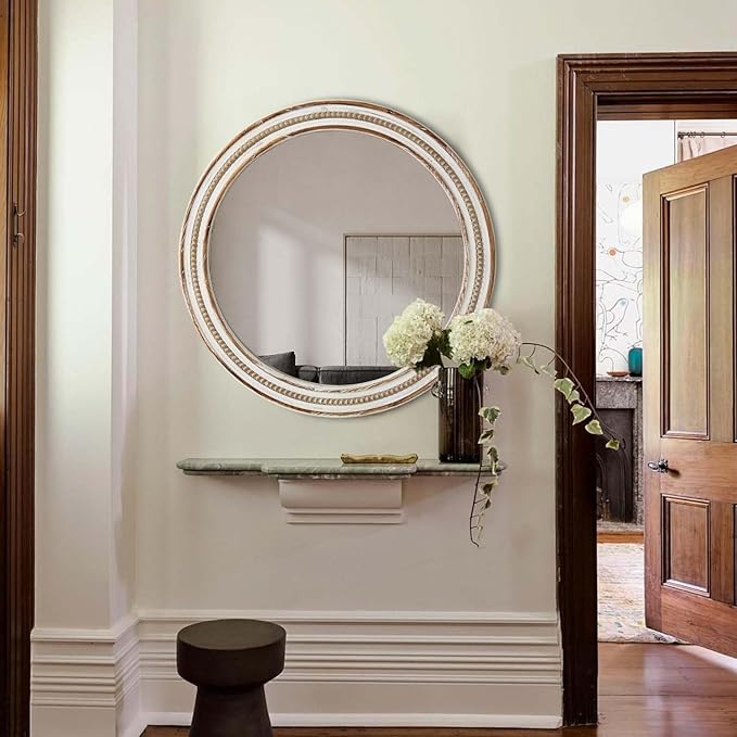 24 Inch Round Mirror - Distressed Vintage Farmhouse Mirror for Bathroom Wall, Living Room, Bedroom & Entryway, Handmade Wood Frame-Ruum Studio Home