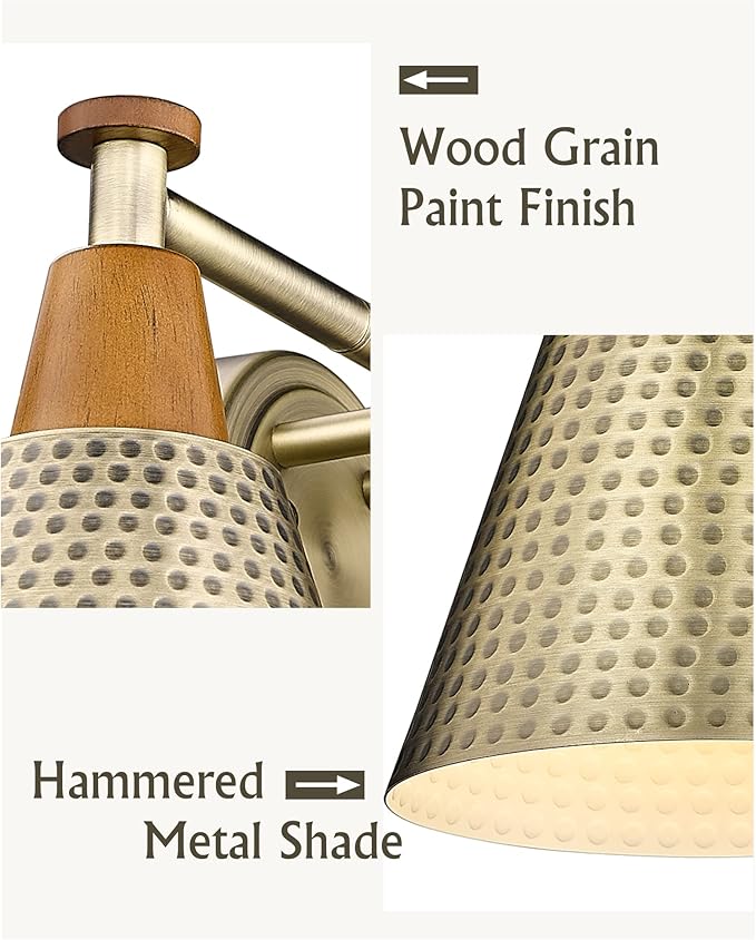 FEMILA Antique Brass Bathroom Vanity Light, 3-Lights Industrial Modern Wall Sconce Bathroom Lighting, Hammered Metal Shade Finish, 4FG59B-3W BG-Ruum Studio Home