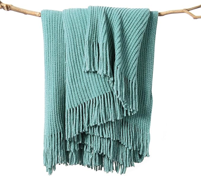 lifein Throw Blanket for Couch, Soft Boho Decor Bed Throw,Cozy Blue Chenille Knitted Small Farmhouse Lightweight Throw for Spring(Aqua,50 * 60")-Ruum Studio Home