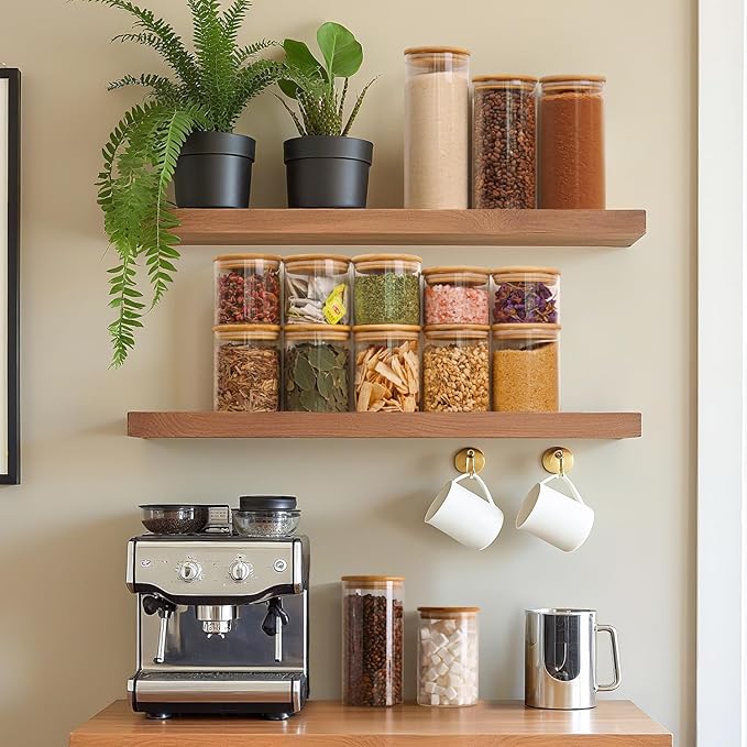 ComSaf Airtight Glass Food Storage Jars Set of 6, 0.6 Qt Clear Glass Food Storage Container with Sealing Wooden Lid, Stackable Spice Jar, Round Kitchen Canister for Sugar, Tea, Coffee bean, Pasta, Oat-Ruum Studio Home