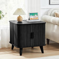 AVZEAR 24" Large Square End Table with Charging Station, Farmhouse Fluted Sofa Side Table with Sliding Tambour Door & Storage, Curved Rustic Wood Nightstand for Living Room, Bedroom, Black-Ruum Studio Home