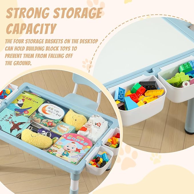 Multi Functional Kids Table and 2 Chairs Set, Graffiti & Building Blocks Double-Sided Tabletop, Toddler Play Table with Drawers, Large Storage Space, Gift for Boys/Girls, Blue-Ruum Studio Home