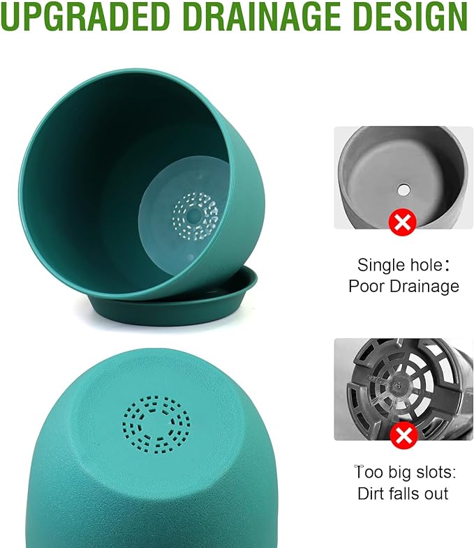 Flower Pots 10/9/8 inch, Set of 3 Modern Decorative Plastic Planters with Drainage Holes and Tray for House Plants Indoor Flowers Plants, Plant Pots for Indoor Outdoor Plants, Blue Green-Ruum Studio Home