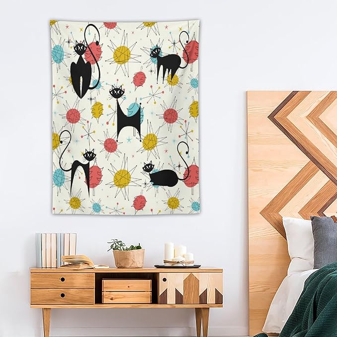 ICMOLYYENLO Abstract Cat Tapestry, Medieval Abstract Atomic Star Cat Vintage Home Wall Hanging Art Tapestry for Bedroom Living Room Dormitory 60x60 Inch-Ruum Studio Home