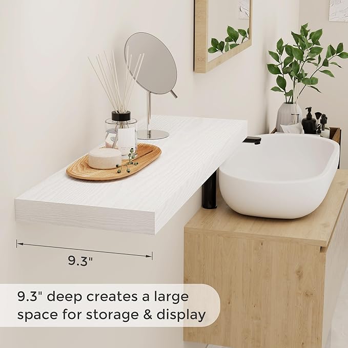 Fun Memories White Floating Shelves 32 Inch Long, 9 Inch Deep Floating Bookshelf Wall Mounted, Farmhouse Wood Shelves White for Bathroom, Living Room, Bedroom, Home Decor Deep Shelf for Wall Set of 2-Ruum Studio Home