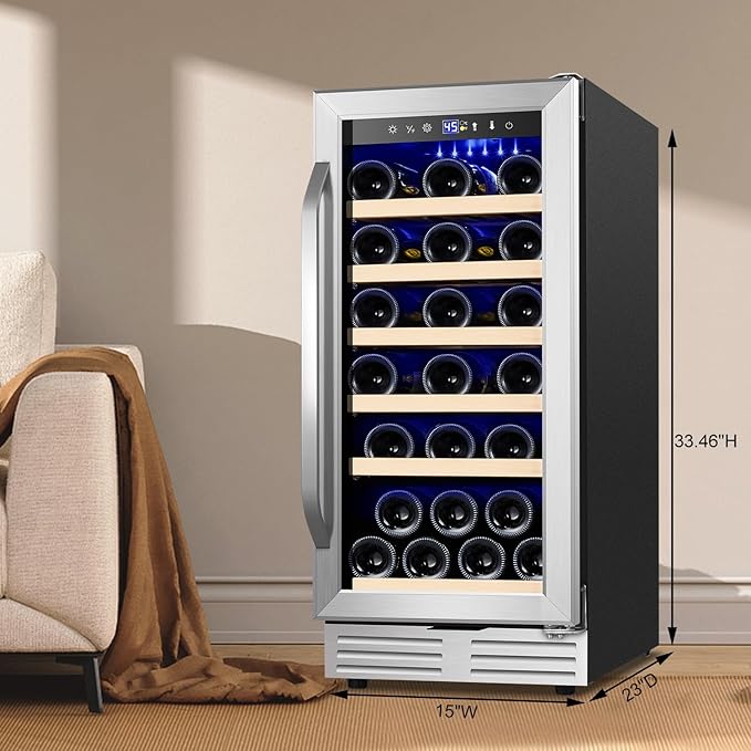 15 Inch Wine Fridge 32 Bottles Wine Cooler Refrigerator Undercounter Wine Fridge with Glass Door, LED Light, Removable Wooden Shelves, Built-in or Freestanding Wine Refrigerator for Home Office Bar-Ruum Studio Home