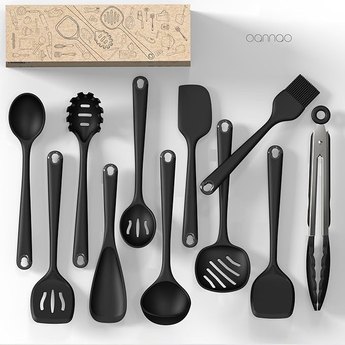 Thickened Silicone Kitchen Utensils Set, 600°F Heat Resistant Silicone Cooking Utensils, Spatula, Spoon, Whisk, Tongs, Kitchen Gadgets Sets for Nonstick Cookware, Dishwasher Safe BPA Free (Black)-Ruum Studio Home