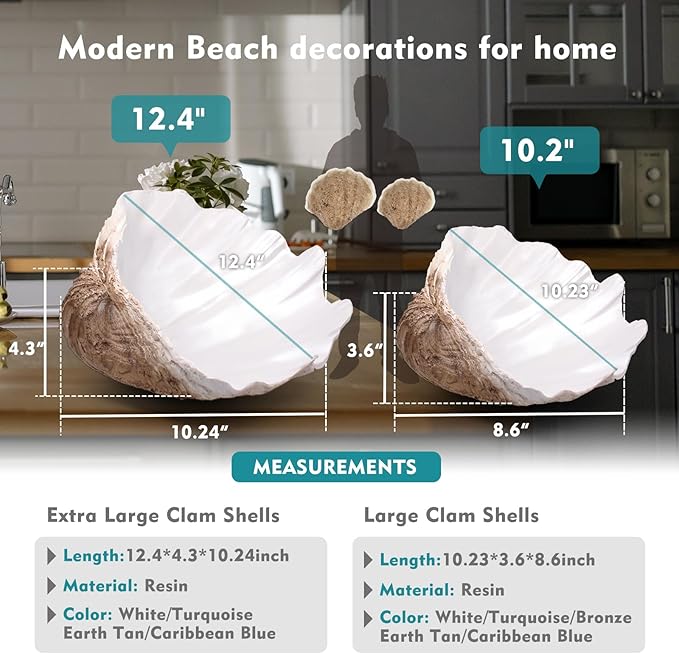 Large EarthTan-White Sea Shells Decorative Bowl Resin Clam Shell Bowl Beach Decorations for Home Coastal Beach Decor Decoration Storage Bowls & Home Office Nautical Themed Party Decor -10.2"-1PC-Ruum Studio Home