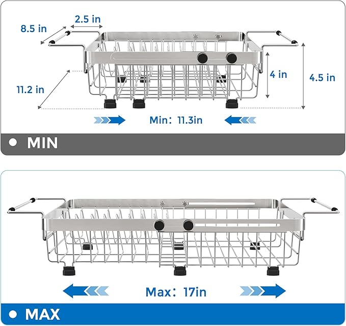MAJALiS Expandable in Sink Dish Drying Rack - Adjustable Capacity (11.3''-17''L) Stainless Steel Over Sink Dish Drainers Rack for Kitchen Sink with Utensil Holder, Silver-Ruum Studio Home