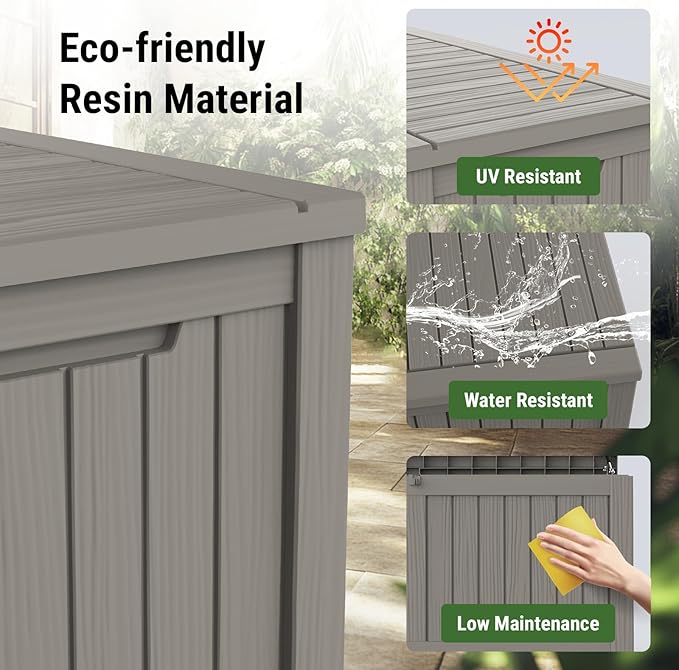 Mars Villa 119 Gallon Outdoor Storage Box Waterproof, Large Resin Deck Box for Pool Supplies Storage, Outdoor Patio Furniture Cushions, with Hydraulic Hinge, UV-Resistant and Weatherproof, Greige-Ruum Studio Home