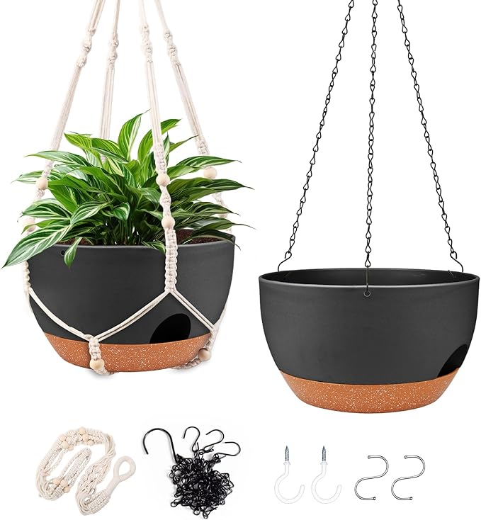 Hanging Planters for Outdoor Indoor Plants, 2 Pack 12 Inch Hanging Basket Plants Outdoor, Self Watering Hanging Planter with Plant Hanger for Garden Home Decoration (2 Type Plant Hangers Black)-Ruum Studio Home