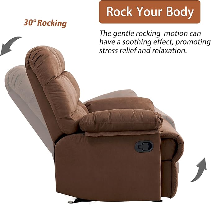 Rocker Recliner Chair, Overstuffed Manual Rocking Recliner for Adults, Upholstered Comfy Soft Fabric Living Room Reclining Sofa Chair (Brown Fabric)-Ruum Studio Home