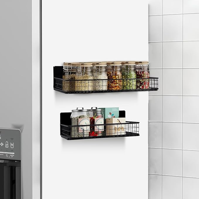 Magnetic Storage Basket, Magnetic Shelf for Fridge,Magnetic Spice Rack Wire Mesh Magnetic Organizer Holder Accessories for Office Kitchen Classroom Storage, Black-Short, Large x1&Small x1 Set of 2-Ruum Studio Home