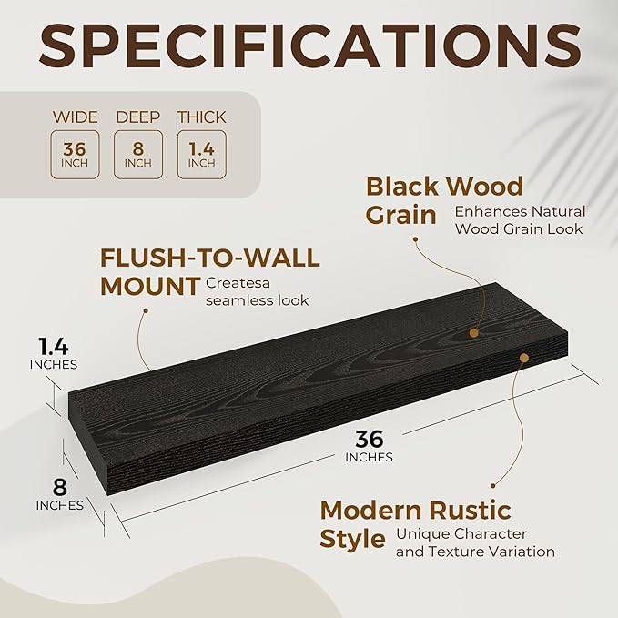 36 inch Floating Shelves Wall Shelves for Office with Invisible Brackets, 8 inch Deep Shelves for Bathroom, Living Room, Kitchen, Office, 36x7.9 inch deep Set of 2, Black-Ruum Studio Home