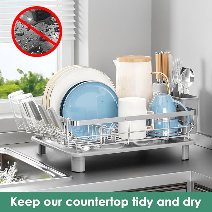 MOUKABAL Dish Drying Rack - Stainless Steel Dish Rack, Dish Racks for Kitchen Counter, Drying Rack Kitchen with Removable Utensil Holder, Drainboard and Glass Organizer (Grey)-Ruum Studio Home