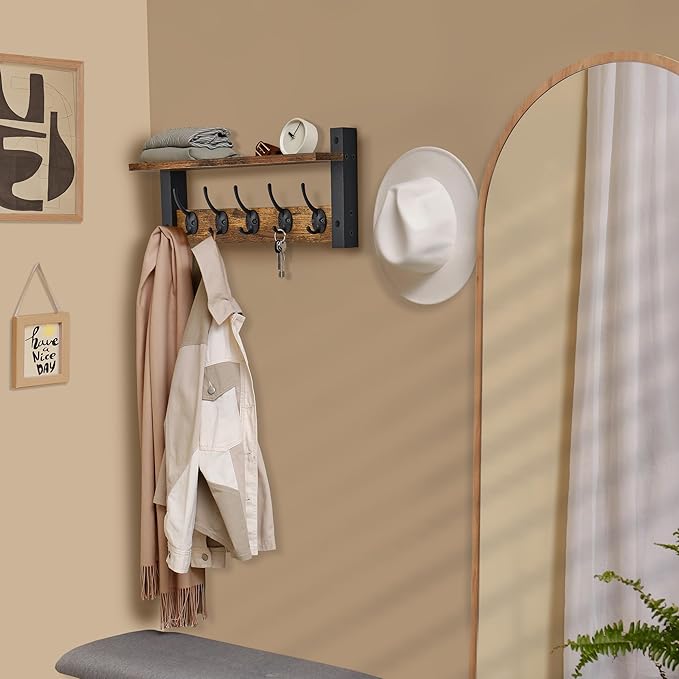 Sorbus Coat Hooks Wall Mount with Shelf – 16 Inch Coat Rack Wall Mount with 5 Heavy Duty Hooks – Floating Wall Shelf with Hooks for Entryway, Bathroom, Bedroom, Kitchen, or Mudroom (Rustic Brown)-Ruum Studio Home