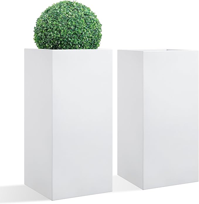 Metallic Heavy Tall Outdoor/Indoor Planter Box, Seamless Metal Planter, Rectangular, 14”Lx14”Wx30”H, ‎25 Pounds Each, Pure White, No Assembly and Seamless, Set of 2-Ruum Studio Home