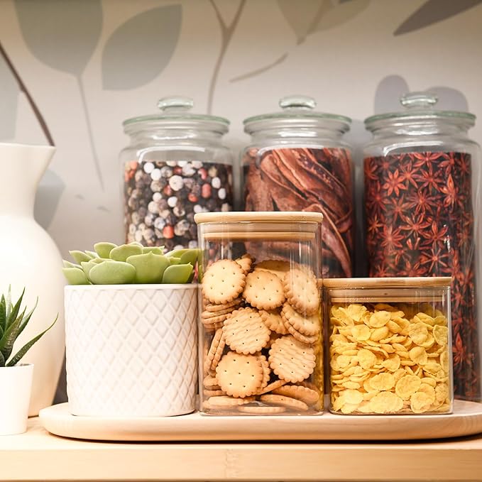 Glass Food Storage Jars Square 24oz, 4 Pack Glass Jars With Bamboo Lids, Kitchen Storage Containers For Spice, Candy, Cookie, Storage For Pantry Organizers-Ruum Studio Home