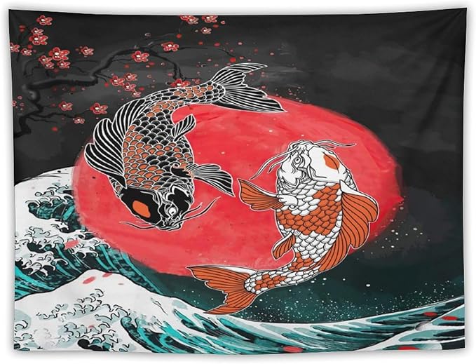 Houselerax Koi Fish Tapestries,Japanese Style Yin Yang Big Wave Cherry Blossoms Tapestry Wall Hanging for Bedroom Living Room Office Decor 90"x60"-Ruum Studio Home