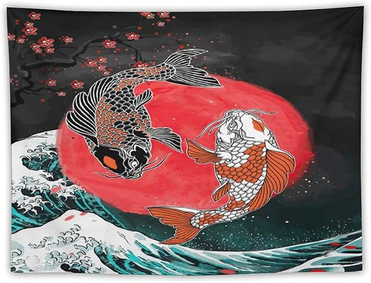 Houselerax Koi Fish Tapestries,Japanese Style Yin Yang Big Wave Cherry Blossoms Tapestry Wall Hanging for Bedroom Living Room Office Decor 40"x30"-Ruum Studio Home