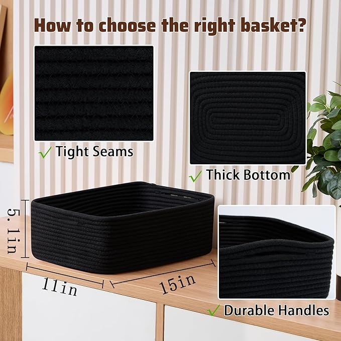 Large Shallow Organizing Baskets 15x11x5.1 Inches - Rope Woven Storage Bins for Bathroom, Shelves, Cube Closet, Black 2 Packs-Ruum Studio Home