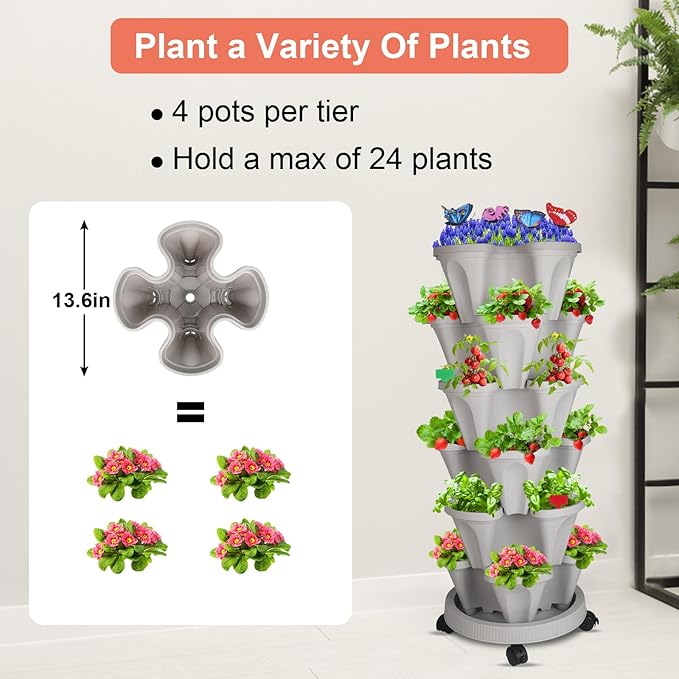 Vertical Planter, 6 Tier Stackable Strawberry Planter with Garden Tool Set, Movable Indoor/Outdoor Garden Herb Pot for Growing Vegetables and Succulents, Gray-Ruum Studio Home