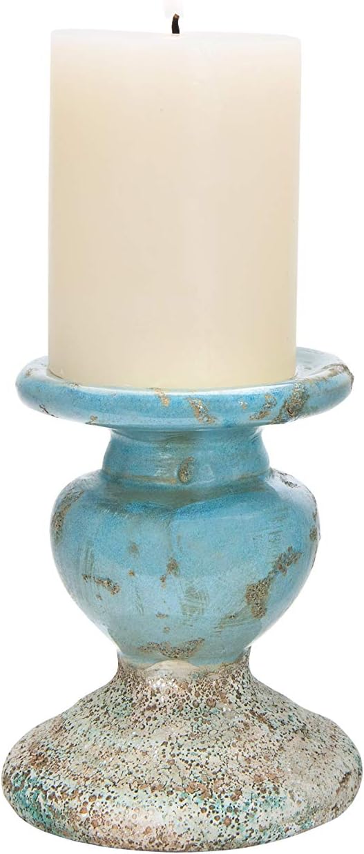 Creative Co-Op Small Distressed Blue Terracotta Pillar Candle Holder-Ruum Studio Home