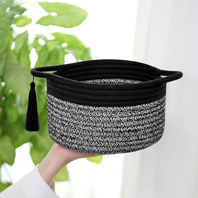 Empty Gift Basket Mini Woven Rope Organizer Baskets for Baby Shower, Vanity, Makeup Brushes, Bathroom, Shelves, Desk - Small Decorative Storage Bins - Set of 2, Pre-Shaped, Black Grey-Ruum Studio Home