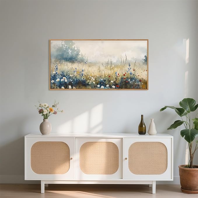 Nature Wildflower Framed Canvas Wall Art Set, Pastoral Landscape Wall Decor, Colorful Meadow Wall Painting, Rustic Floral Art Print for Living Room, Bedroom, Office - 20"X40"-Ruum Studio Home