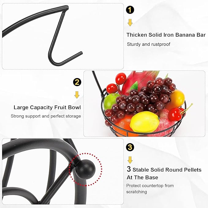 Livabber Countertop Fruit Basket Bowl with Banana Hanger, Modern Standing Fruit Vegetable Bowl Storage, with Banana Tree Holder for Kitchen Dinning Table (Round Metal, Black)-Ruum Studio Home