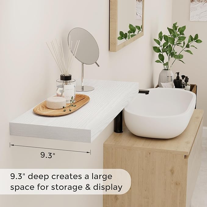 24 Inch Floating Shelves, Rustic 24 x 9 White Floating Shelf for Wall, White Bathroom Shelves Set of 2, Farmhouse Wood Wall Shelf for Bedroom, Kitchen, 9 Inch Deep Shelves for Home Storage-Ruum Studio Home
