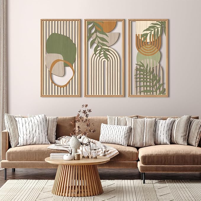 IARTTOP Large Boho Wood Wall Art Framed Mid-century Modern Wooden Wall Decor Set of 3 Green Bohemian Abstract Wall Art Decor For Bedroom Living Room Office-16 x32-Ruum Studio Home