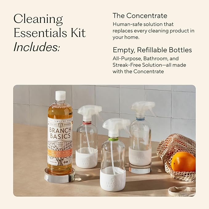 Branch Basics Cleaning Essentials Kit in Glass: All Purpose Cleaner and Bathroom Cleaner - Concentrate (33.8 Oz) + Glass Spray Bottles for Cleaning (16 Oz) Fragrance-Free-Ruum Studio Home