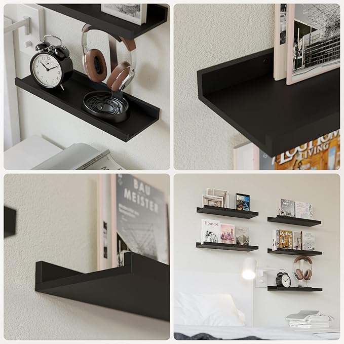 RICHER HOUSE 5 Set Floating Wall Mounted Shelves, Black Shelves for Wall Decor, Modern Picture Ledge Shelf with Lip for Storage, Nursery, Bedroom, Living Room, Bathroom - Black-Ruum Studio Home