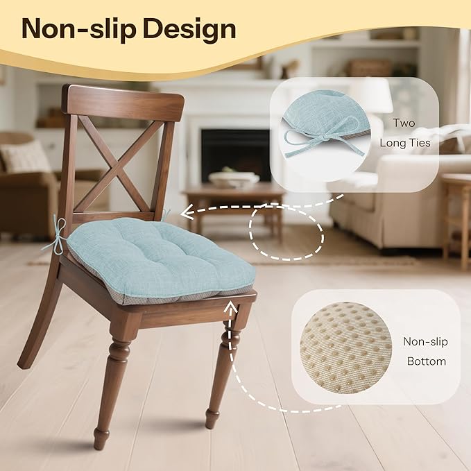 Non Slip Chair Cushions for Dining Chairs Set of 4 Kitchen Chair Cushions 18"x18"x3" Turfted Chair Pads Comfortable and Soft Seat Cushion with Ties, Aqua Blue-Ruum Studio Home
