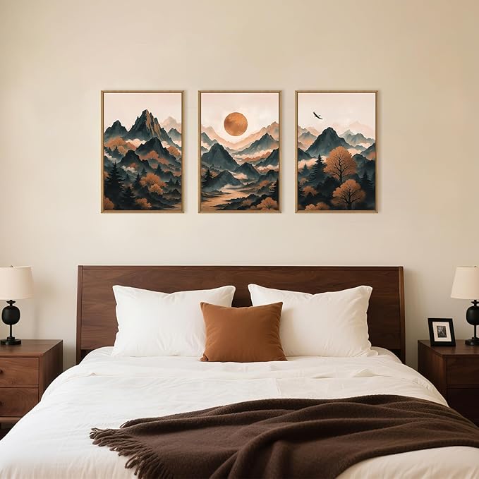 Celestdeco Large Boho Mountain Framed Canvas Wall Art Set, Brown Ridge Landscape Wall Decor, Pine Tree Scenery Wall Painting, Abstract Wilderness Art Print for Living Room, Bedroom, Office - 24"X36"X3-Ruum Studio Home