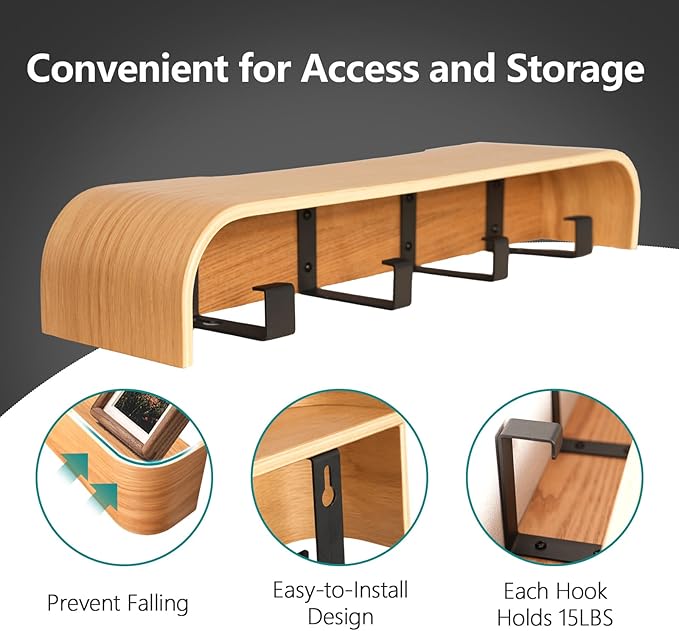 Coat Rack Wall Mount with Hidden Hooks Entryway Hanging Shelf Modern Wood Coat Hanger for Bedroom Kitchen Hallway Bathroom (Oak, 16.6 Inch Long)-Ruum Studio Home