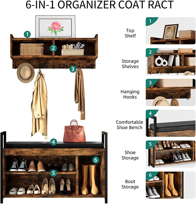 YITAHOME Coat Rack Shoe Bench Set, Wall Coat Rack with Shoe Storage, Industrial Entryway Shoe Bench with Coat Rack, 2 Storage Cubbies with Lip Top for Entryway, Hallway, Rustic Brown-Ruum Studio Home