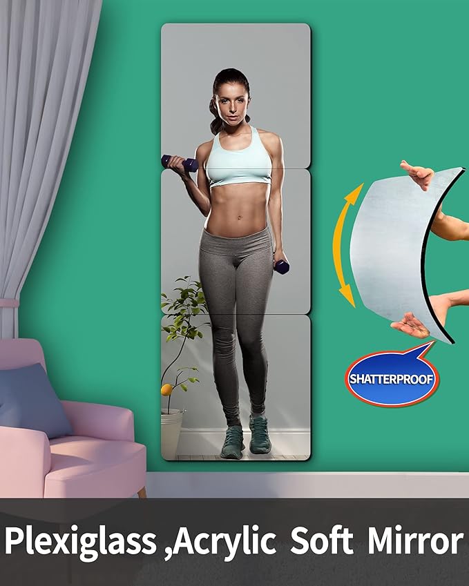 Shatterproof Wall Mirror Full Length for Bedroom, Acrylic Gym Mirrors For Home, Extra Thick: 0.12 inch, 16 x 16 inch x 4 Pcs, Workout Mirrors Safe for Kids, Over The Door, Long Wall Mounted-Ruum Studio Home
