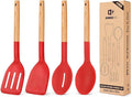 Pack of 4 Silicone Cooking Utensils Set, Non Stick Solid Spatulas and Heat Resistant Slotted Spoons with Wooden Handle, Ideal Wood Kitchen Utensils Set for Frying,Serving,Turning,Stirring (RED)-Ruum Studio Home