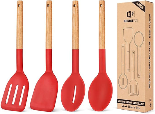 Pack of 4 Silicone Cooking Utensils Set, Non Stick Solid Spatulas and Heat Resistant Slotted Spoons with Wooden Handle, Ideal Wood Kitchen Utensils Set for Frying,Serving,Turning,Stirring (RED)-Ruum Studio Home