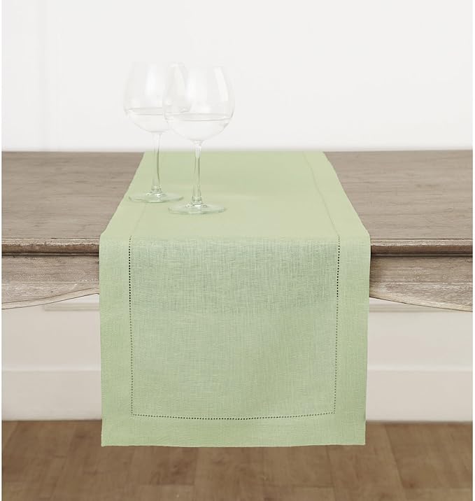 Solino Home Linen Table Runner 48 Inches - 100% Pure Linen Sage Green Hemstitch Table Runner 14 x 48 Inch Ideal for Dresser and Coffee Tables - Fall, Autumn, Thanksgiving - Classic Hemstitch-Ruum Studio Home