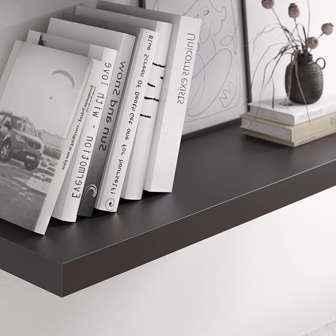Floating Shelf, Set of 2 Wall Shelf, 24 in W x 12.75 in D x 2 in H Wooden Floating Wall Shelf with Invisible Brackets for Living Room/Bedroom/Bathroom/Kitchen Storage and Decor, Black-Ruum Studio Home