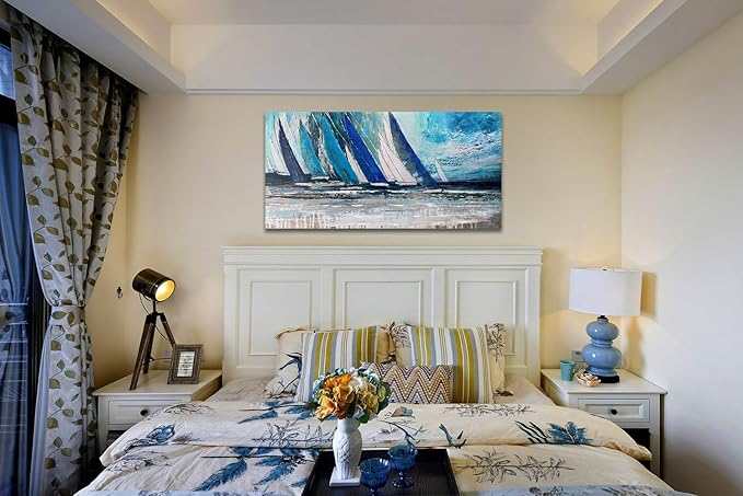 Arjun Blue Abstract Wall Art Canvas Teal Ocean Sailboat Picture Modern Turquoise Coastal Nautical Painting, Extra Large 58"x29" Framed Textured Artwork for Living Room Bedroom Home Office Wall Decor-Ruum Studio Home
